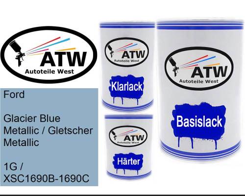 Ford, Glacier Blue Metallic / Gletscher Metallic, 1G / XSC1690B-1690C: 500ml Lackdose + 500ml Klarlack + 250ml Härter - Set, von ATW Autoteile West.
